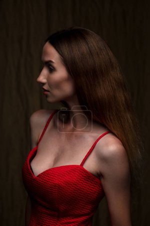 Téléchargez les photos : Belle jeune brune posant en robe rouge sur fond brun foncé - en image libre de droit