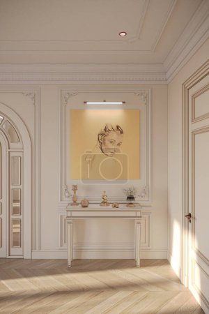 Foto de Hermoso interior blanco de lujo con retrato femenino en la pared - Imagen libre de derechos