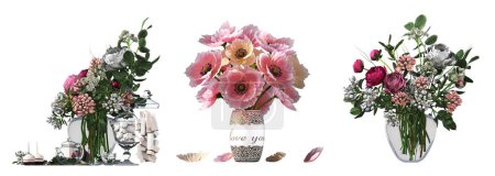 Foto de Flores y plantas decorativas para el interior, aisladas sobre fondo blanco, ilustración 3D, renderizado cg - Imagen libre de derechos