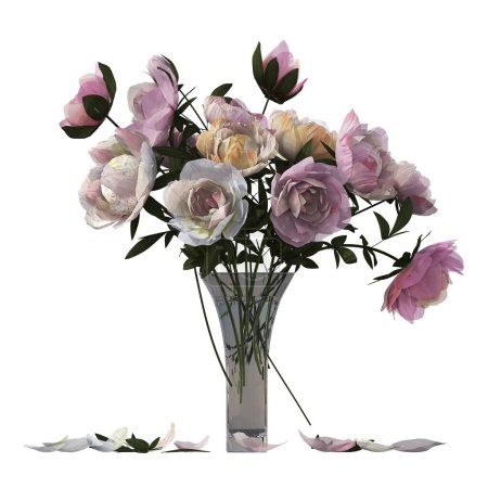 Foto de Decorative flowers in vase for the interior, isolated on white background, 3D illustration, cg render - Imagen libre de derechos