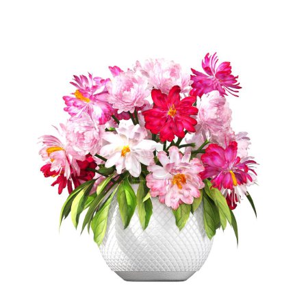 Foto de Flores decorativas en jarrón para el interior, aisladas sobre fondo blanco, ilustración 3D, renderizado cg - Imagen libre de derechos