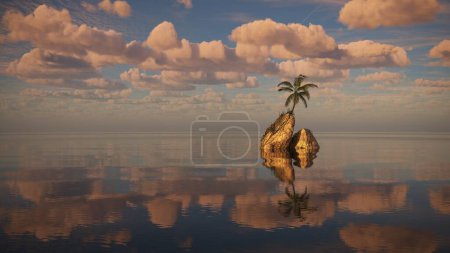 Téléchargez les photos : Palmier sur une île au milieu d'un lac. beau paysage, illustration 3D, rendu cg - en image libre de droit