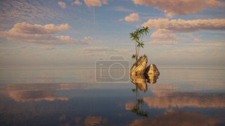 Foto de Palmera en una isla en medio de un lago. hermoso paisaje, ilustración 3D, cg render - Imagen libre de derechos
