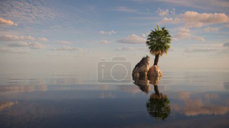Téléchargez les photos : Palmier sur une île au milieu d'un lac. beau paysage, illustration 3D, rendu cg - en image libre de droit