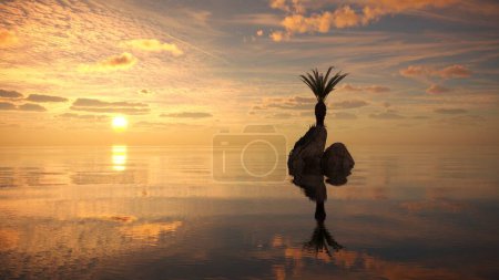 Foto de Palmera en una isla en medio de un lago. hermoso paisaje, ilustración 3D, cg render - Imagen libre de derechos