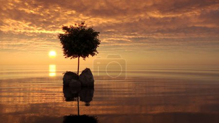 Foto de Árbol en una isla en medio de un lago. hermoso paisaje, ilustración 3D, cg render - Imagen libre de derechos