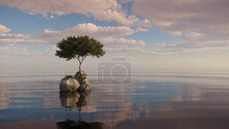 Téléchargez les photos : Arbre sur une île au milieu d'un lac. beau paysage, illustration 3D, rendu cg - en image libre de droit