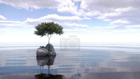 Tree on an island in the middle of a lake. beautiful landscape, 3D illustration, cg render