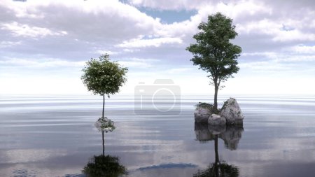 Foto de Árboles en una isla en medio de un lago. hermoso paisaje, ilustración 3D, cg render - Imagen libre de derechos