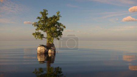 Foto de Árbol en una isla en medio de un lago. hermoso paisaje, ilustración 3D, cg render - Imagen libre de derechos