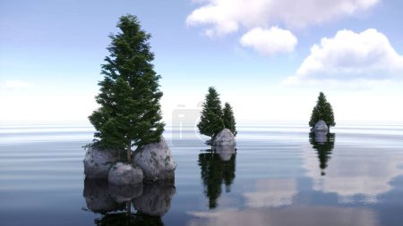 Foto de Árboles en una isla en medio de un lago. hermoso paisaje, ilustración 3D, cg render - Imagen libre de derechos