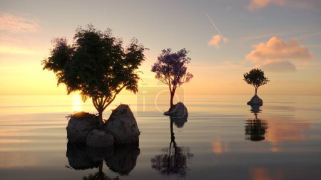Téléchargez les photos : Arbres sur une île au milieu d'un lac. beau paysage, illustration 3D, rendu cg - en image libre de droit