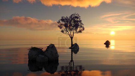 Téléchargez les photos : Arbre sur une île au milieu d'un lac. beau paysage, illustration 3D, rendu cg - en image libre de droit