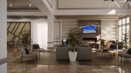 Téléchargez les photos : Grand intérieur du lobby de l'hôtel, illustration 3D, rendu cg - en image libre de droit