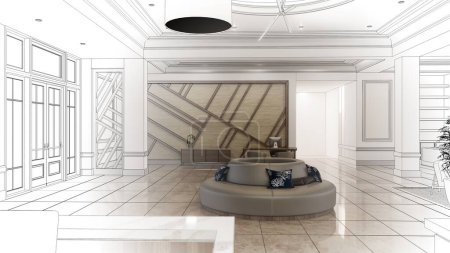 Foto de Gran interior del vestíbulo en el hotel, ilustración 3D, cg render - Imagen libre de derechos