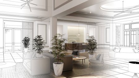 Téléchargez les photos : Grand intérieur du lobby de l'hôtel, illustration 3D, rendu cg - en image libre de droit