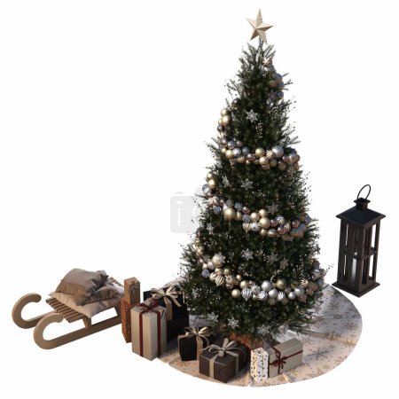 Foto de Árbol de Navidad con decoraciones, aislado sobre fondo blanco, ilustración 3D, renderizado cg - Imagen libre de derechos