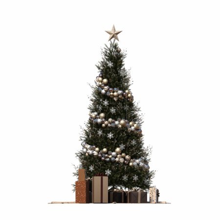Téléchargez les photos : Arbre de Noël avec décorations, isolé sur fond blanc, illustration 3D, rendu cg - en image libre de droit
