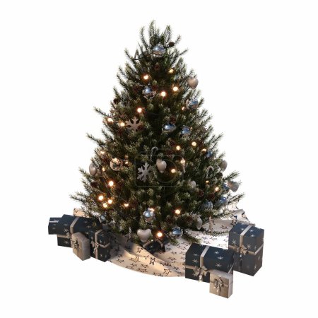 Téléchargez les photos : Arbre de Noël avec décorations, isolé sur fond blanc, illustration 3D, rendu cg - en image libre de droit