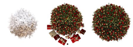 Téléchargez les photos : Ensemble d'arbres de Noël avec décorations, isolé sur fond blanc, illustration 3D, rendu cg - en image libre de droit