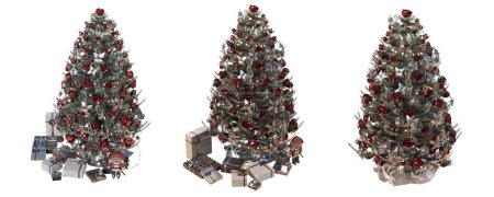 Foto de Conjunto de árboles de Navidad con decoraciones, aislado sobre fondo blanco, ilustración 3D, cg render - Imagen libre de derechos