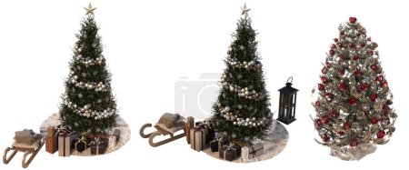 Téléchargez les photos : Ensemble d'arbres de Noël avec décorations, isolé sur fond blanc, illustration 3D, rendu cg - en image libre de droit