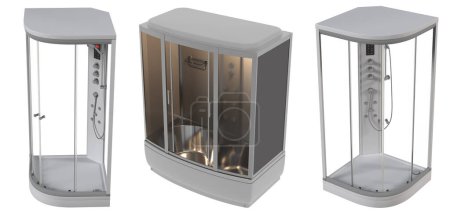 Téléchargez les photos : Cabines de douche isolées sur fond blanc, illustration 3D, rendu cg - en image libre de droit