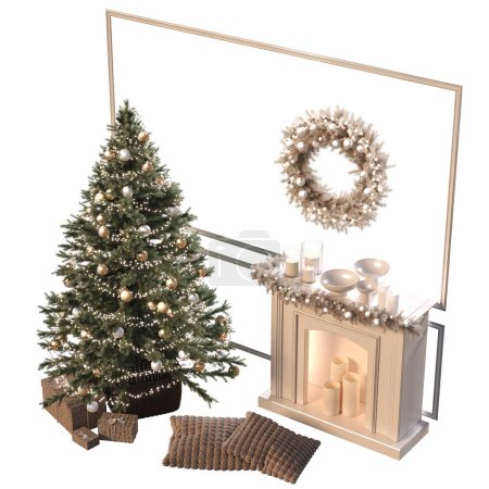 Téléchargez les photos : Arbre de Noël avec décorations, isolé sur fond blanc, illustration 3D - en image libre de droit
