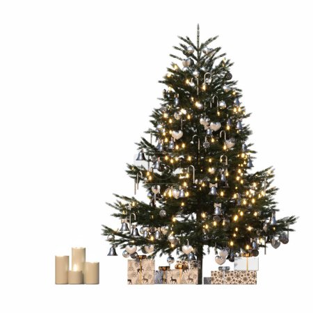 Téléchargez les photos : Arbre de Noël avec décorations, isolé sur fond blanc, illustration 3D - en image libre de droit