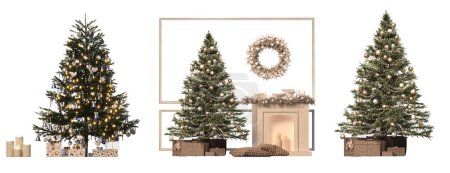Photo for Christmas trees with decorations, isolated on white background, 3D illustration, cg render - Royalty Free Image