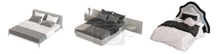 Téléchargez les photos : Ensemble de lits isolés sur fond blanc, mobilier d'intérieur, illustration 3D - en image libre de droit