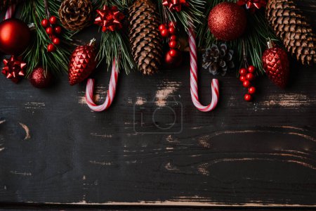 Foto de Fondo de navidad rojo juguetes árbol de navidad y abeto brance sobre fondo de madera.. Fondo de Navidad con espacio para text.Copyspace. - Imagen libre de derechos