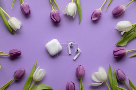 Téléchargez les photos : Casque sans fil cosses et tulipes de printemps sur fond violet. - en image libre de droit