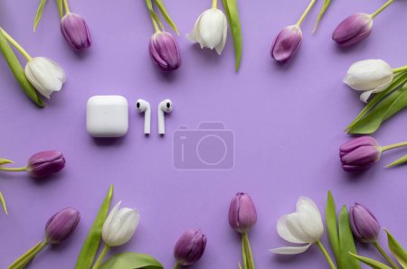 Téléchargez les photos : Wireless headphones pods and Spring tulips on violet background.Top view photo.Copy space. - en image libre de droit