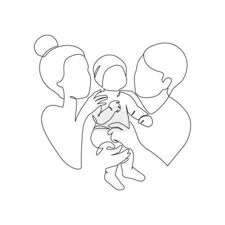 Téléchargez les illustrations : Abstract couple line art drawing. Heterosexual family. Mother and father smiling at their baby doodle isolated on white background Continuous line vector illustration for love happiness family concept - en licence libre de droit
