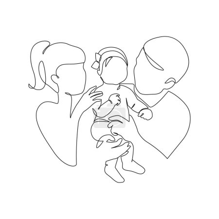 Téléchargez les illustrations : Abstract couple line art drawing. Heterosexual family. Mother and father looking at their baby doodle isolated on white background Continuous line vector illustration for love happiness family concept - en licence libre de droit