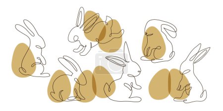 Abstract bunnies set on eggs background. Easter bunny rabbit continuous one line drawing. Egg hunter concept line art. Hand drawn vector illustration in modern minimal style for greeting card, poster