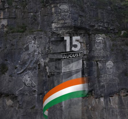 Téléchargez les photos : Le 15 août. Le jour de l'indépendance heureuse de l'Inde. Une sculpture rupestre conceptuelle de combattants indiens de la liberté. Mahatma Gandhi, Rani Laxmibai, Bhagat Singh, Netaji Subhash Chandra et Raj Guru. Monument. - en image libre de droit