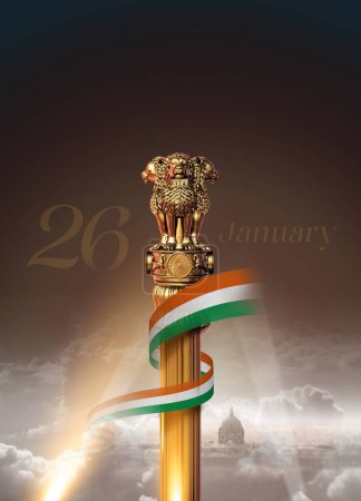 Téléchargez les photos : Nouvel emblème de l'Inde 2022. Look 3D et design d'affiche créatif pour le 26 Janvier, Jour de la République de l'Inde. - en image libre de droit