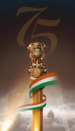 Foto de Nuevo emblema de la India 2022. Aspecto 3D y diseño creativo de póster en la sión de 75 años de la independencia de la India. - Imagen libre de derechos