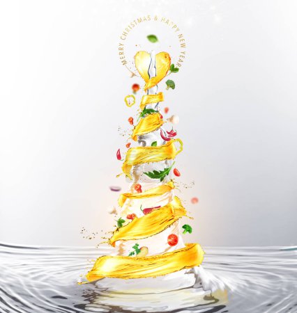 Téléchargez les photos : Joyeux Noël et Nouvel An Illustration 3D de Noël avec flux d'huile se transformant en arbre de Noël. - en image libre de droit