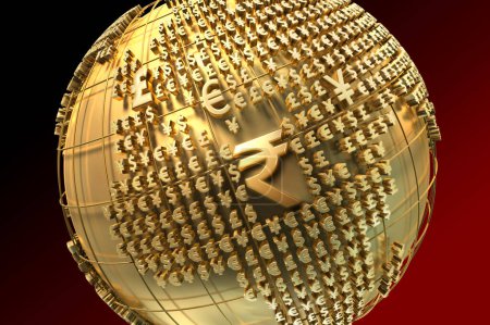 3D Golden Globe with currency signs. Indian rupees symbol, icon, logo. Rise of the Indian rupee, currency. Worldwide Growth of the Indian rupee.