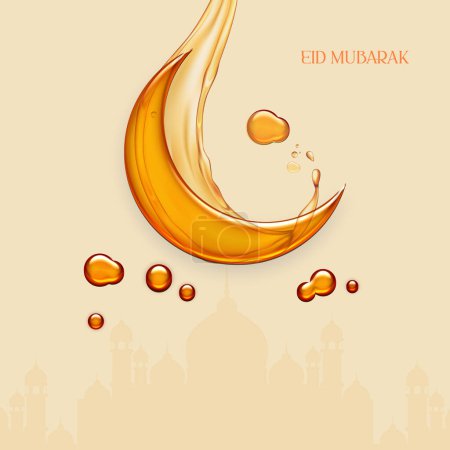 Eid Mubarak: A creative greeting of Eid Mubarak for oil-based products and companies. Useful for social media, branding, packaging, greeting, hoarding, etc. Pouring oil in a half-moon shape. 3D object