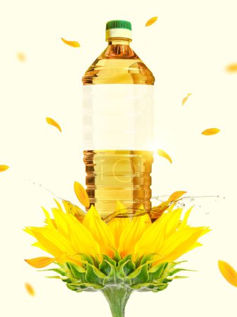 Sonnenblumen- und Sonnenblumenöl-Tierflaschen-Attrappen für Branding, Horten, Werbung und Poster. 3D-Optik, hohe Auflösung, kreativ und konzeptionell.
