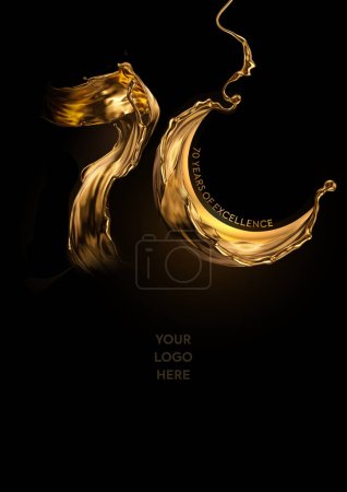 A creative, luxurious poster design for the 70 Years of Excellence, Anniversary, and Birthday celebration. Ideal design for oil and beverage manufacturing companies. A 3D object. Golden and luxurious 