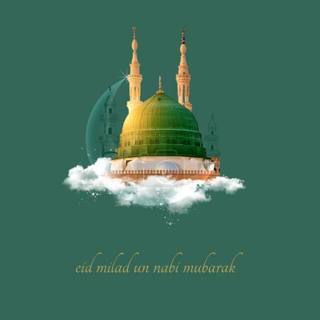 Téléchargez les photos : Abstrait créatif avec belle illustration design de la mosquée verte et la lune en arrière-plan avec le texte de l'Aïd et Milad Un Nabi - en image libre de droit