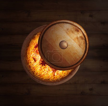 Téléchargez les photos : Eid Moubarak (Bénédiction pour l'Aïd) : Une affiche créative pour l'Aïd avec repas de lune et iftar ensemble. Concept alimentaire. Délicieux Biryani. - en image libre de droit