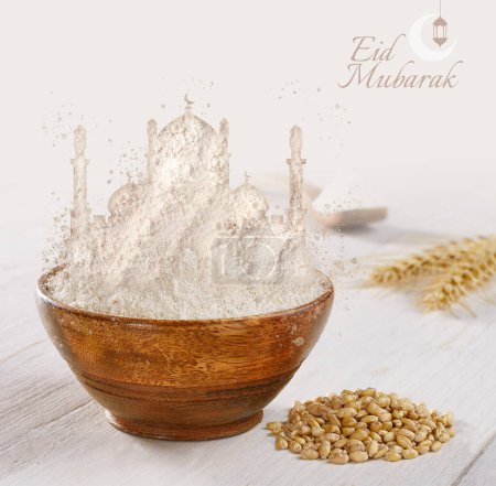 Téléchargez les photos : Aïd Moubarak. Un design d'affiche créatif et conceptuel pour les moulins à farine de blé à l'occasion de l'Aïd, Ramadan kareem, iftar party. Un design islamique. - en image libre de droit