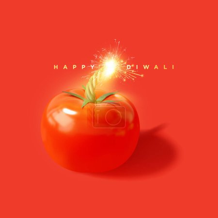 Téléchargez les photos : Bombe à tomate 3D. Affiche créative et chaude pour le Festival de Diwali. des craquelins de tomate aigre-douce. Publicité Happy Diwali. - en image libre de droit