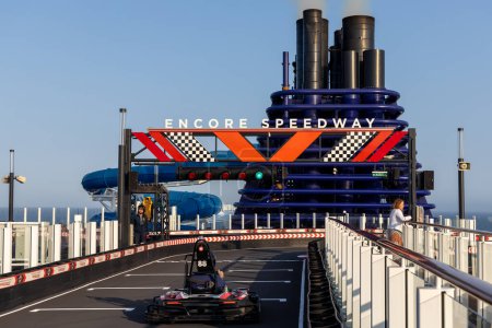 Photo for INSIDE PASSAGE, ALASKA, USA - AUGUST 20, 2021: The speedway on board the Norwegian Encore cruise ship. - Royalty Free Image